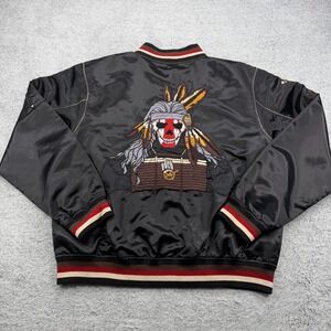 Miskeen Bomber Jacket Mens 3XL Black Satin Native American Skull Embroidered Y2K